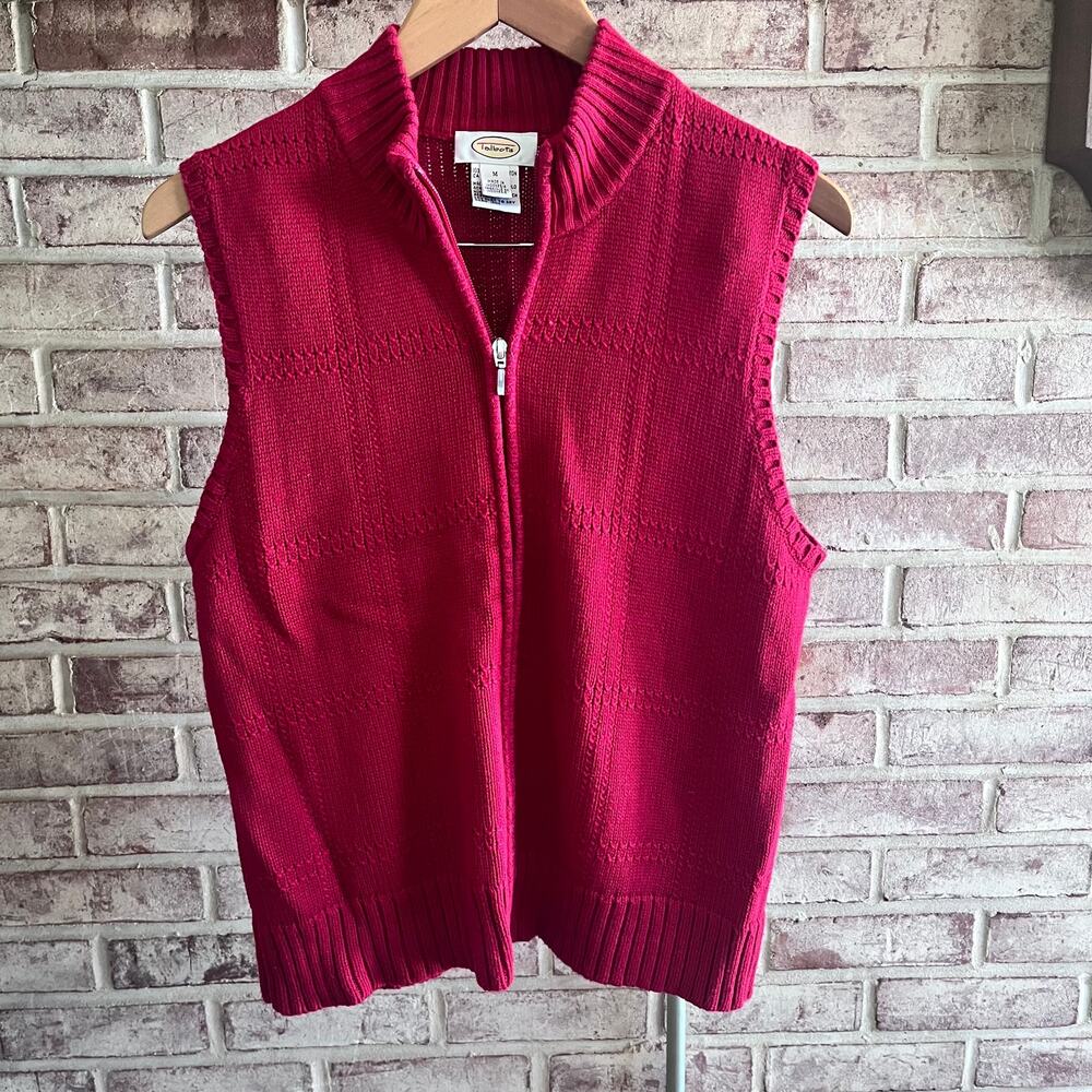 TALBOTS Vest‎ Women's Medium Red 100% Cotton Knit Zip Up (H494)